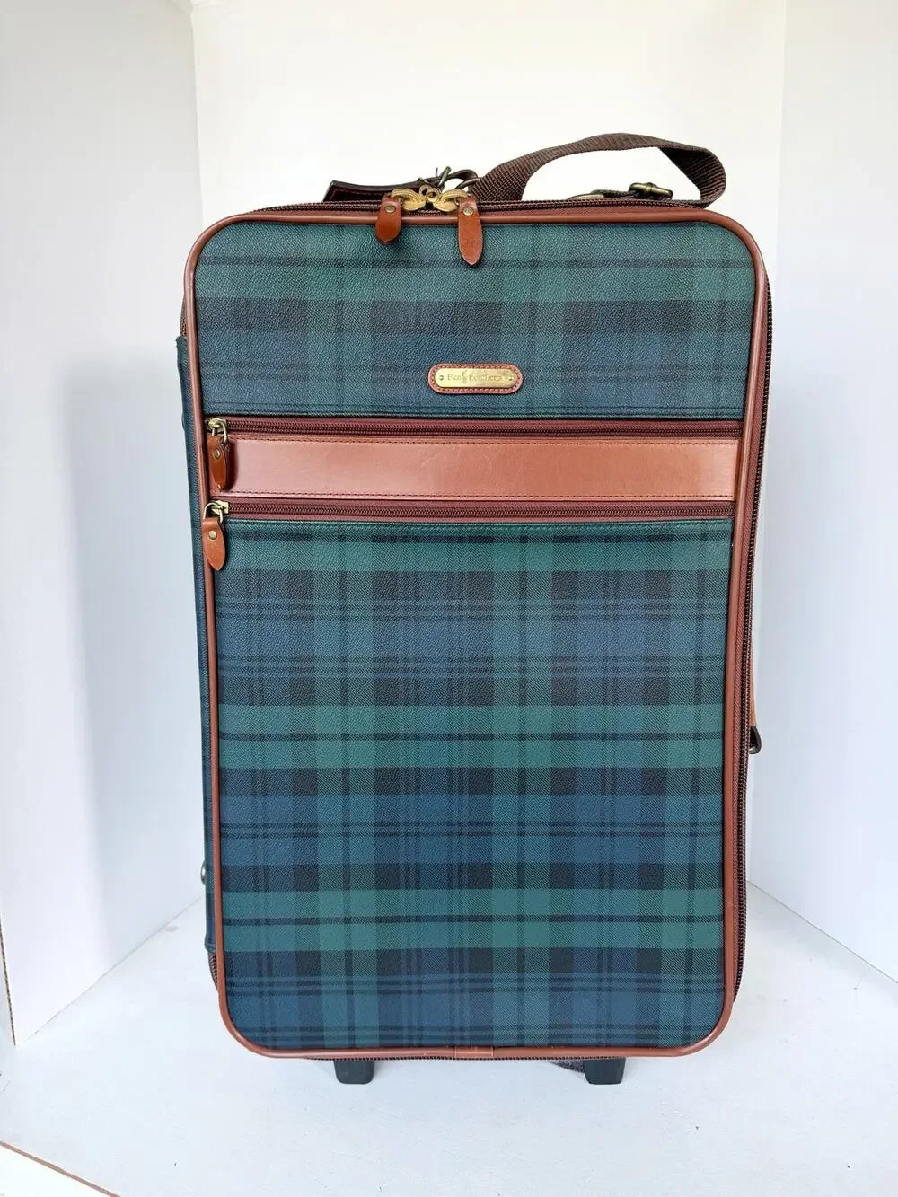 Polo Ralph Lauren Blackwatch Plaid Carry On Luggage Suitcase Leather Navy Green